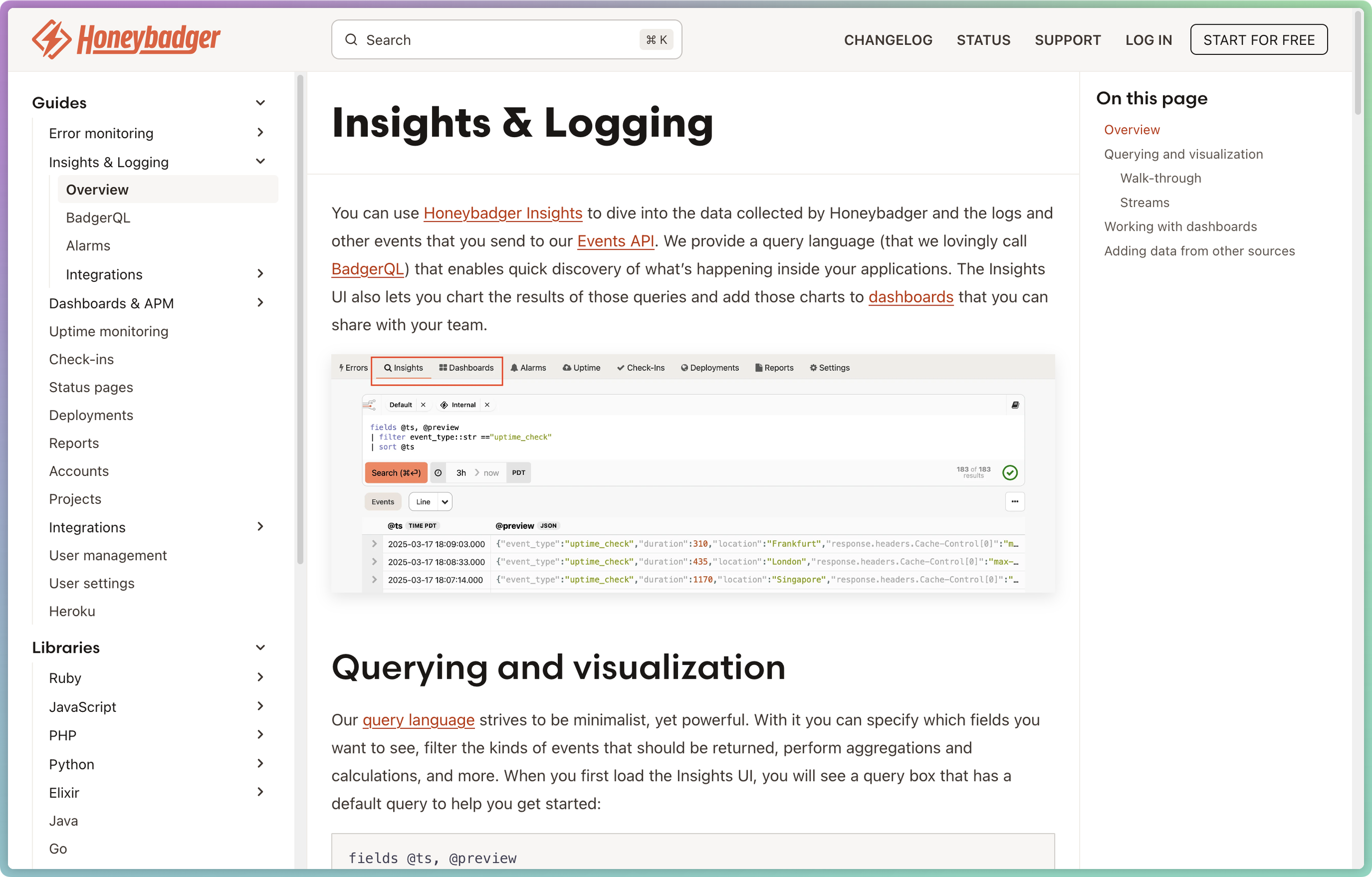 Screenshot of Honeybadger documentation page for Insights & Logging feature showing BadgerQL query interface with example queries and timestamps, navigation sidebar, and querying visualization section