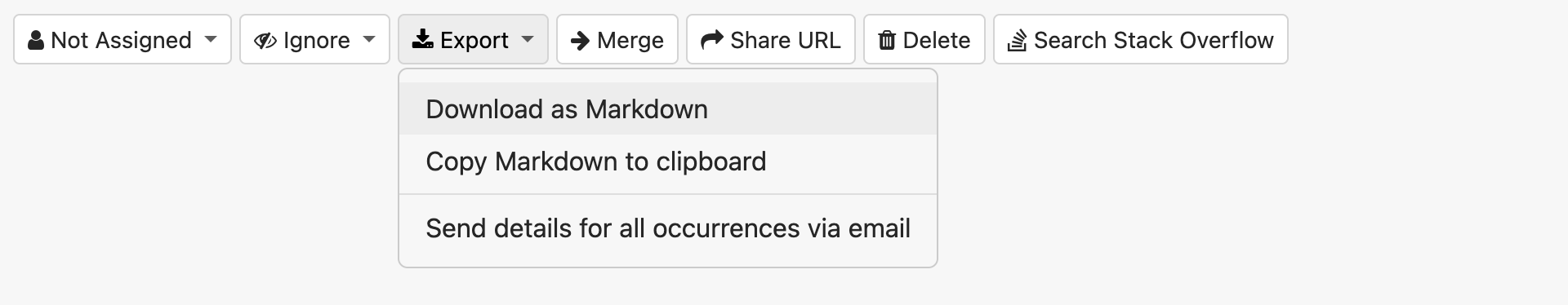 Export dropdown menu showing options: Download as Markdown, Copy Markdown to clipboard, Send details for all occurrences via email