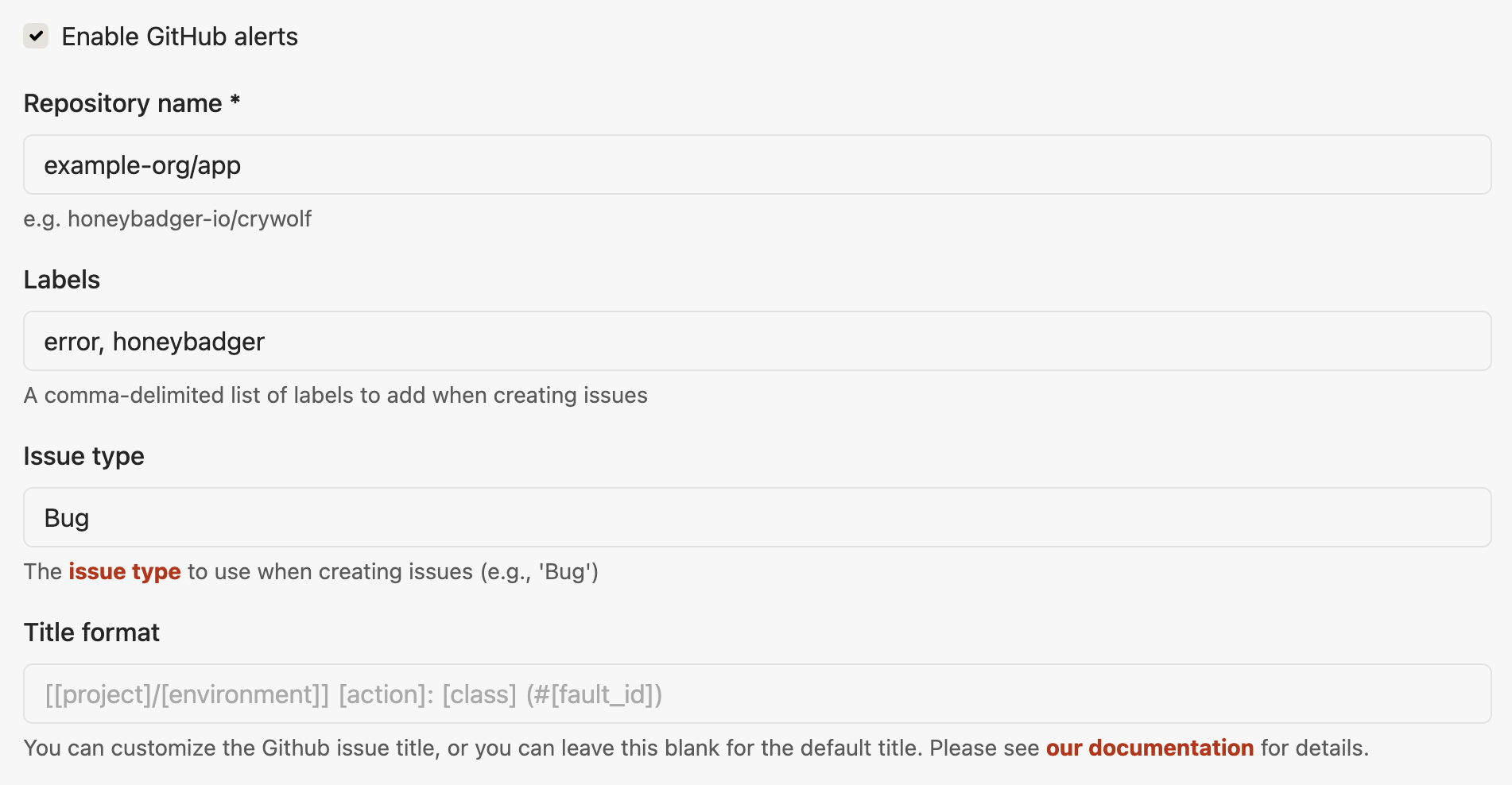 Honeybadger GitHub integration settings form with fields for Repository name, Labels, Issue type (set to "Bug"), and Title format, with "Enable GitHub alerts" checked.