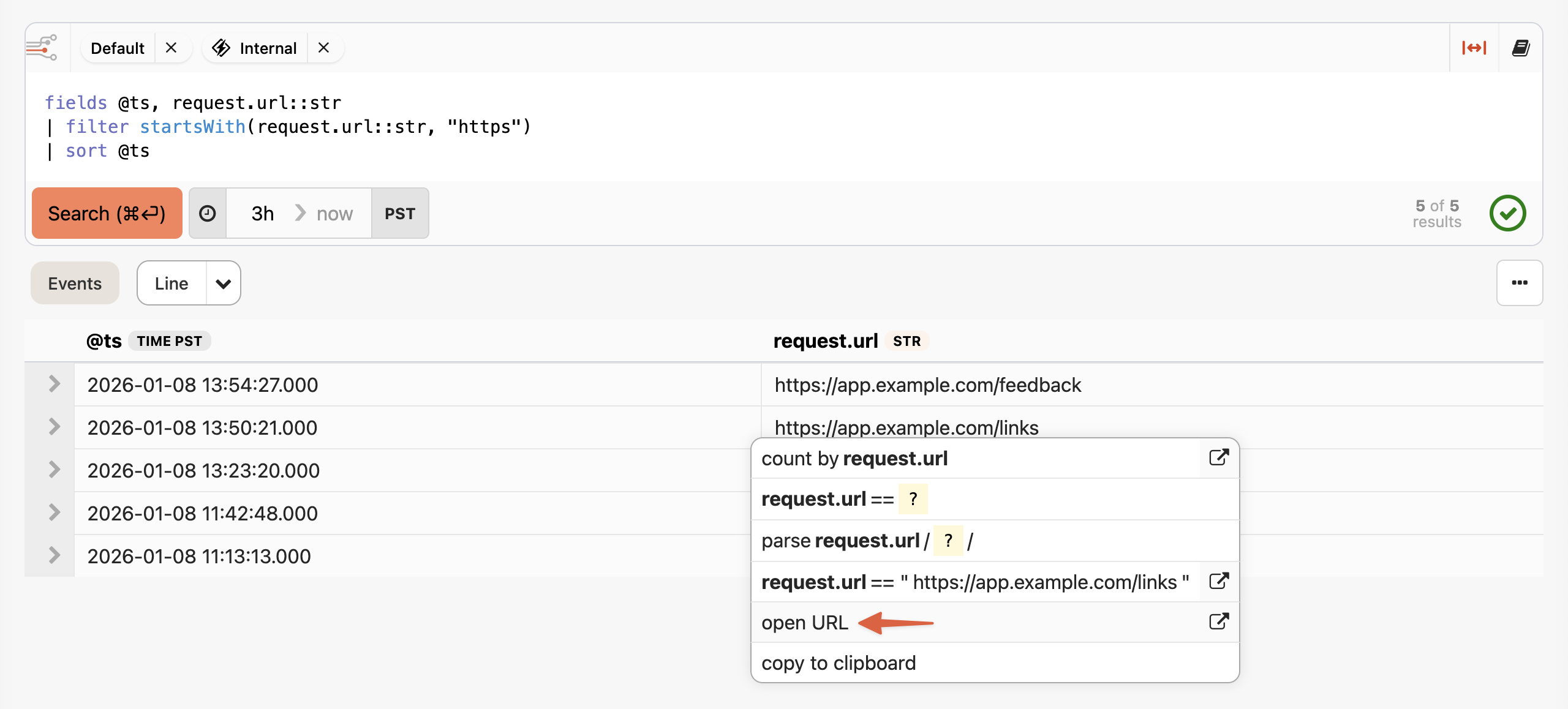 Query interface showing event results with URL field context menu. Options include count by url, url filters, parse url, and "open URL" highlighted with orange arrow indicating clickable link functionality.