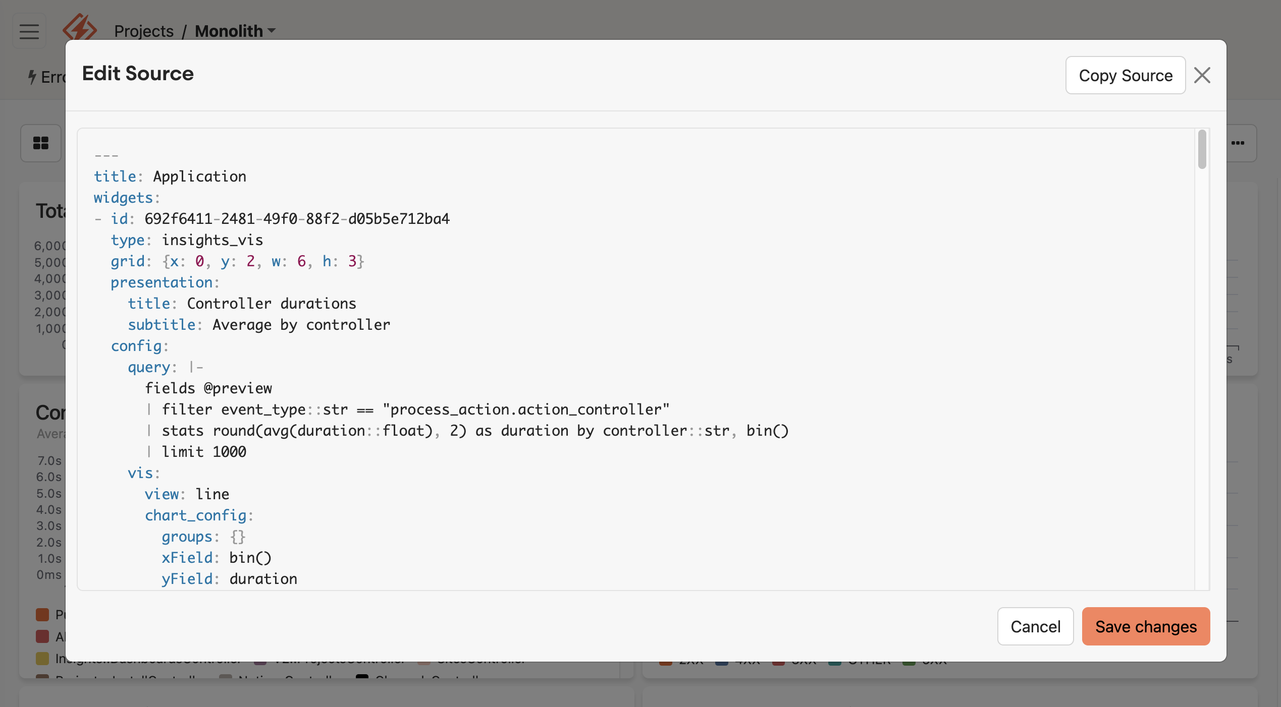 Edit Source modal dialog displaying YAML configuration for a dashboard widget titled "Controller durations" with query, visualization settings, and Cancel/Save changes buttons.