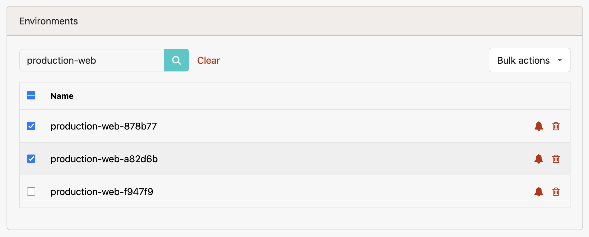 Honeybadger Environments panel filtered by "production-web," showing three environments with two selected via checkboxes, notification and delete actions per row, and a Bulk actions dropdown.