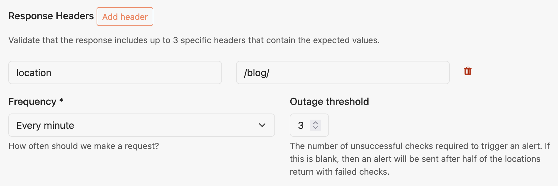 Response Headers configuration form with Add header button, location field set to /blog/, Frequency dropdown set to Every minute, and Outage threshold field set to 3