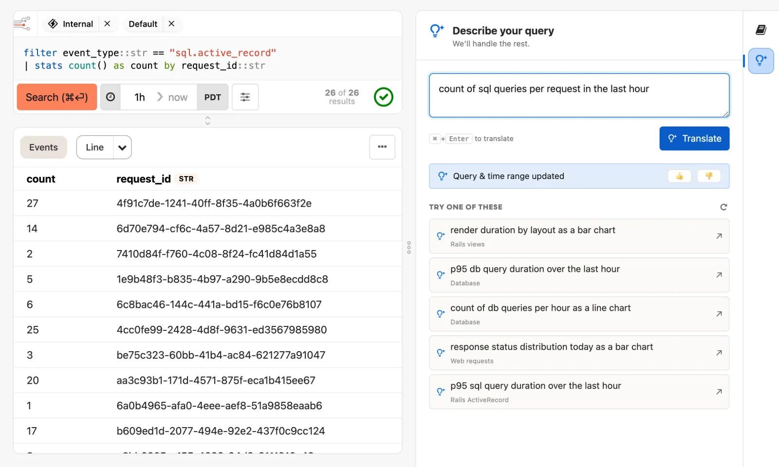 Insights natural language search panel translating a plain-English request into a BadgerQL query and chart