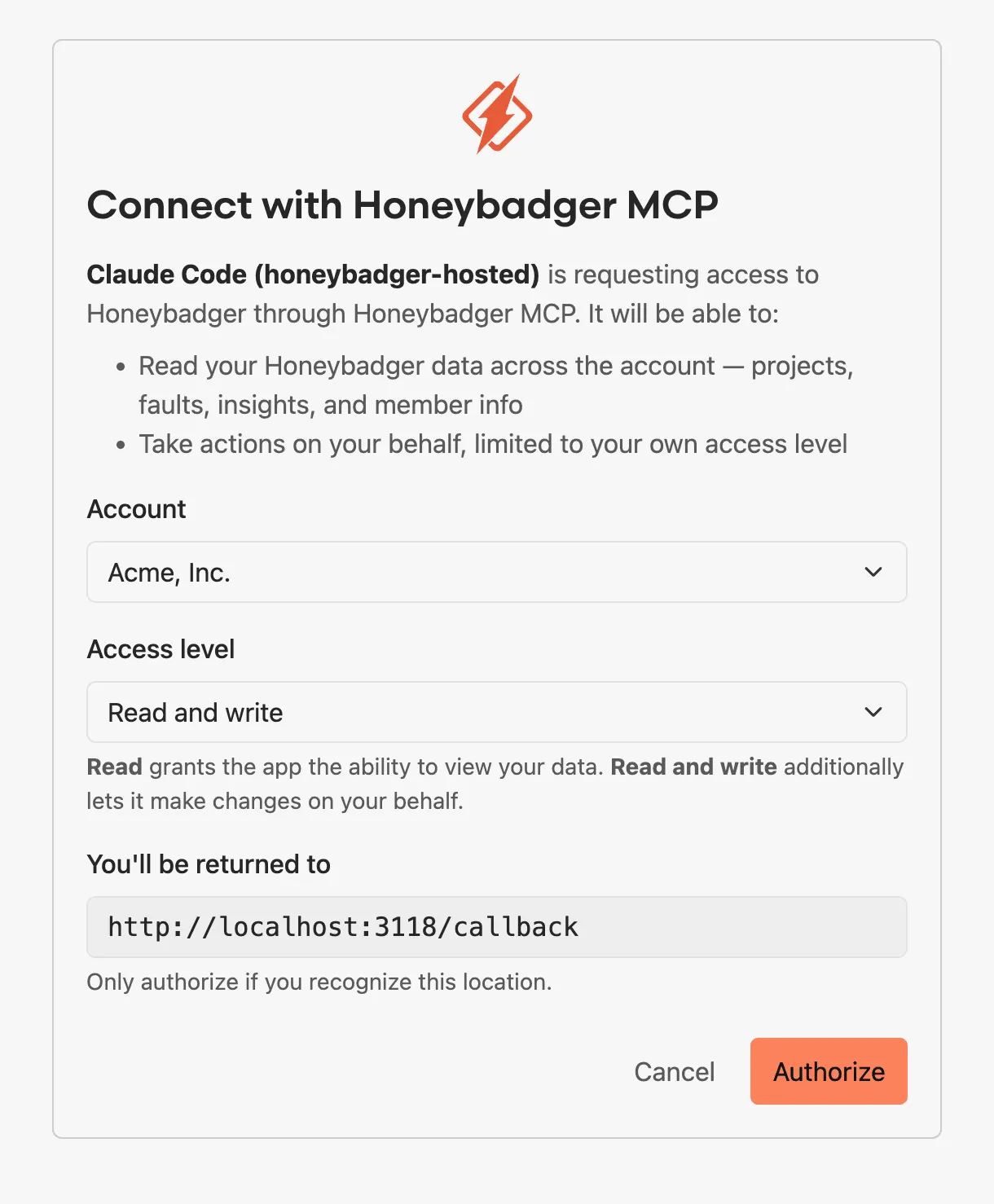 Connect with Honeybadger MCP, showing options for what account to authorize, what access level, and the local host the user will be returned to upon authoriziation.