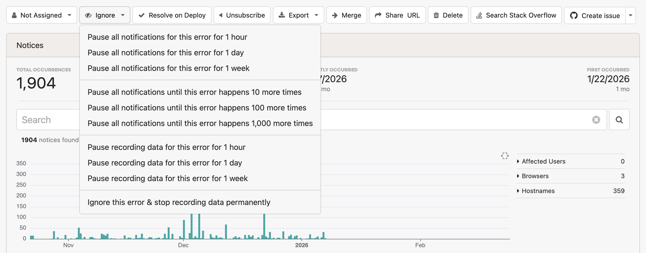 Honeybadger error detail page showing the "Ignore" dropdown menu expanded, with options to pause notifications or recording data for 1 hour, 1 day, or 1 week, by occurrence thresholds, or permanently.