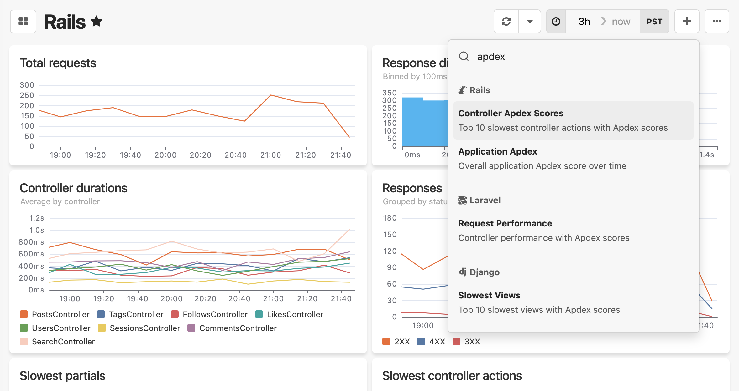 Rails dashboard with an open widget search dropdown showing "apdex" query results: Controller Apdex Scores (Rails), Application Apdex (Rails), Request Performance (Laravel), and Slowest Views (Django).