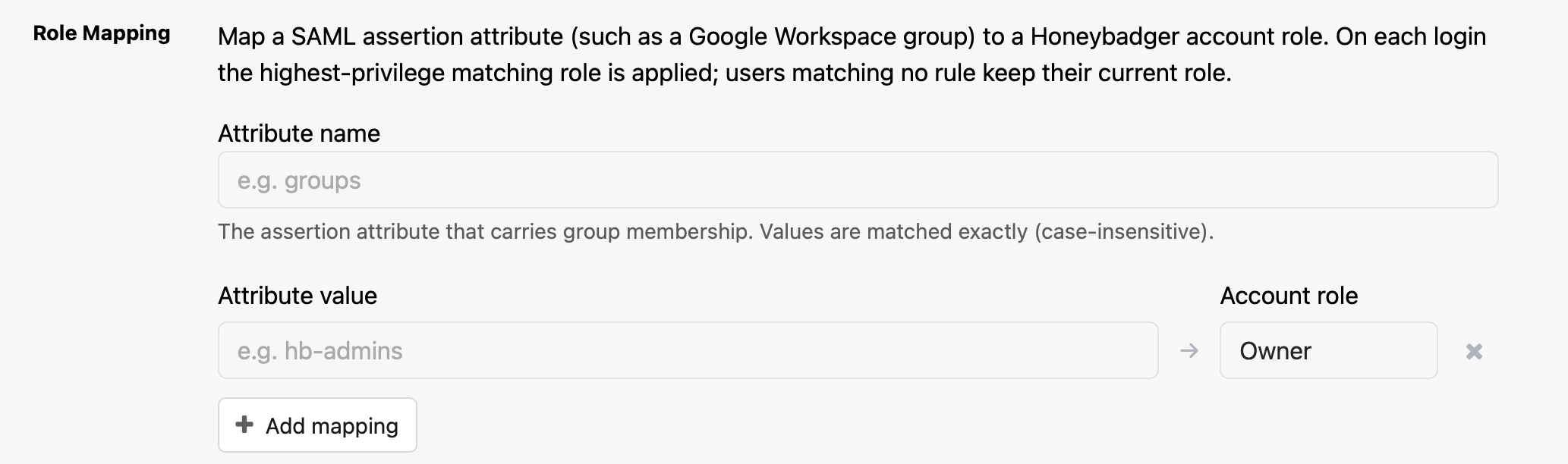 Role mapping in the SAML configuration options