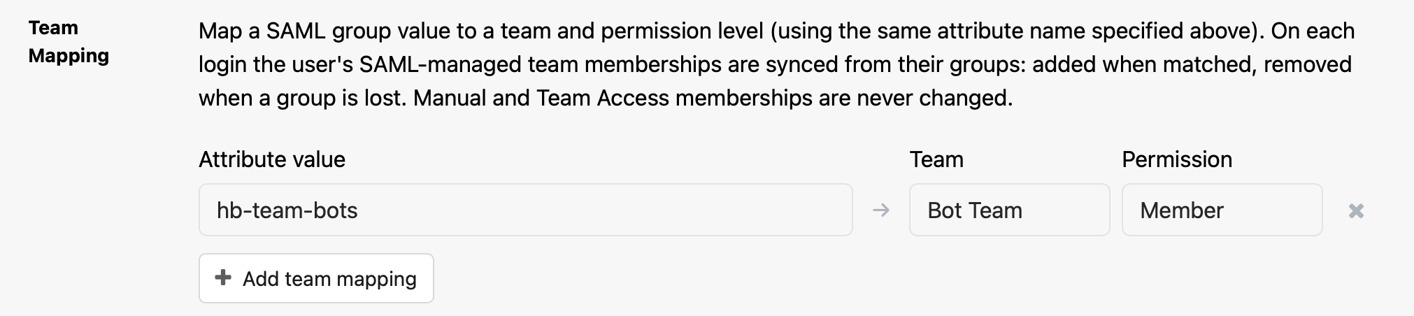 Team mapping in the SAML configuration options.