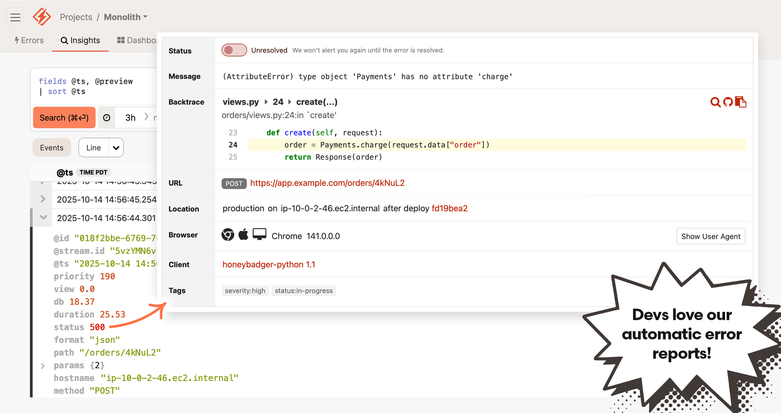 Screenshot of a Python performance monitoring dashboard with an unresolved AttributeError in 'Payments.charge' method from a Django application, showing a code snippet, error details, and metadata like URL and browser version. An arrow points from structured application logs to the error tracking details in Honeybadger.