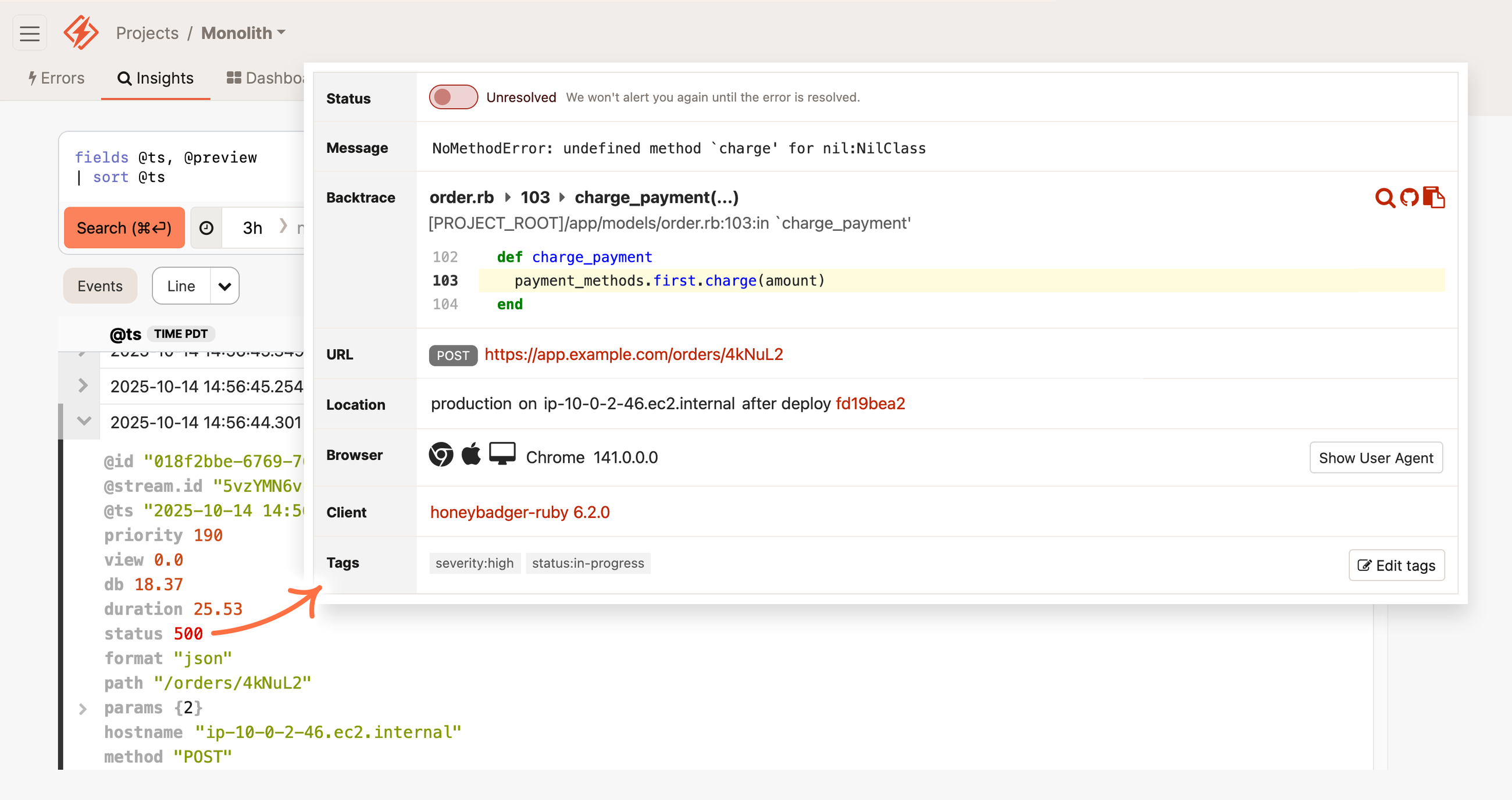 Screenshot of a Datadog-friendly error tracking dashboard with an unresolved NoMethodError in 'charge_payment' method from a Ruby on Rails application, showing a code snippet, error details, and metadata like URL and browser version. An arrow points from structured application logs to the error tracking details in Honeybadger.