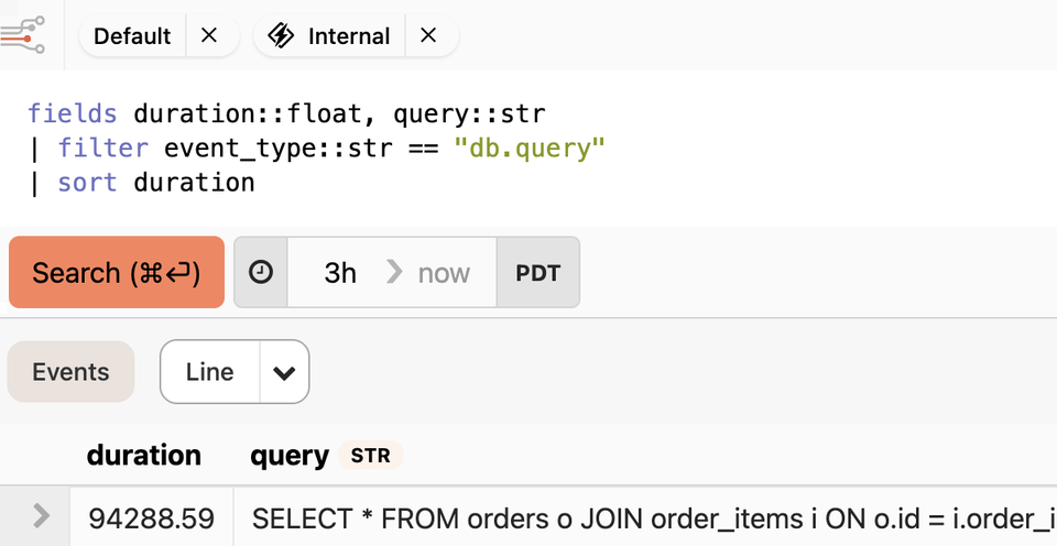 A Laravel logging query interface from an application monitoring tool showing filtered results for "db.query" events sorted by duration, with a 3-hour time range and a table displaying query execution times and SQL statements.