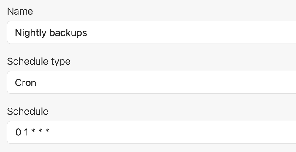 A screenshot of a form that lets you create a check-in in Honeybadger's Laravel cron monitoring UI. Three fields are visible: Name (Nightly backups), Schedule type (Cron), and Schedule (a daily cron schedule).