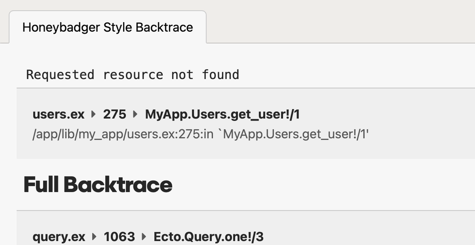 A screenshot of a Phoenix error tracking stack trace in Honeybadger's Phoenix error tracking interface.