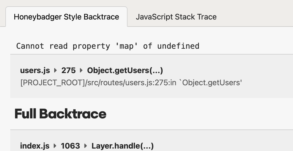 A screenshot of a Node.js error tracking stack trace in Honeybadger's Node.js error tracking interface.