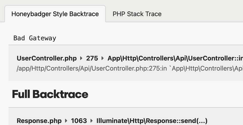A screenshot of a Laravel error tracking stack trace in Honeybadger's Laravel error tracking interface.