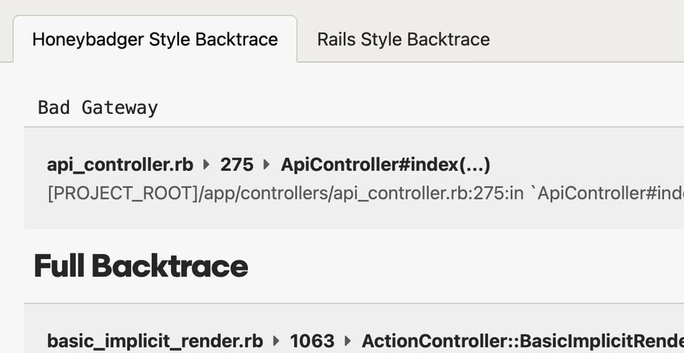 A screenshot of a Rails error tracking stack trace in Honeybadger's Rails error tracking interface.