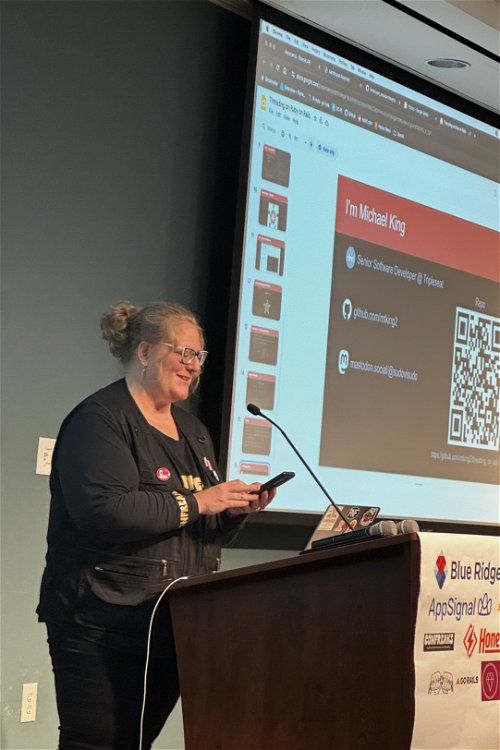 Confreaks Owner/CEO Cindy Backman presents a lightening talk at Blue Ridge Ruby conference.