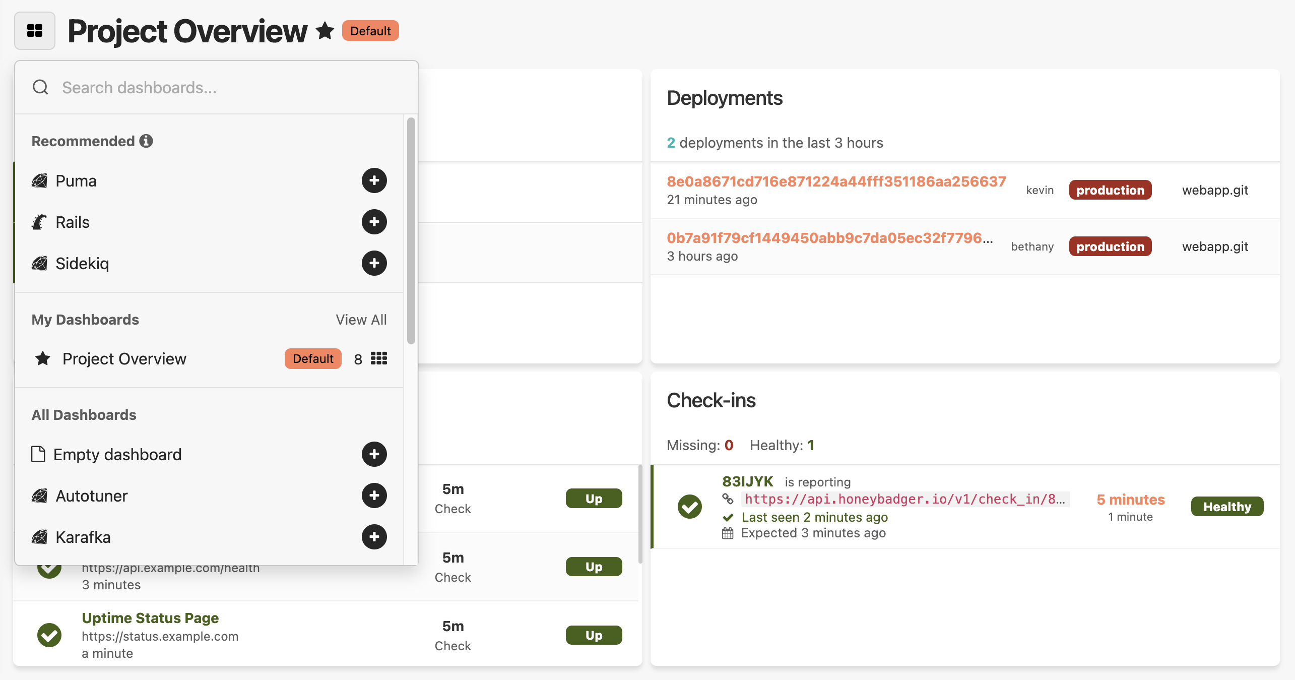 Dashboard selection interface showing a grid of automatically generated dashboards for different frameworks and services, with options to favorite, organize, and quickly switch between monitoring views