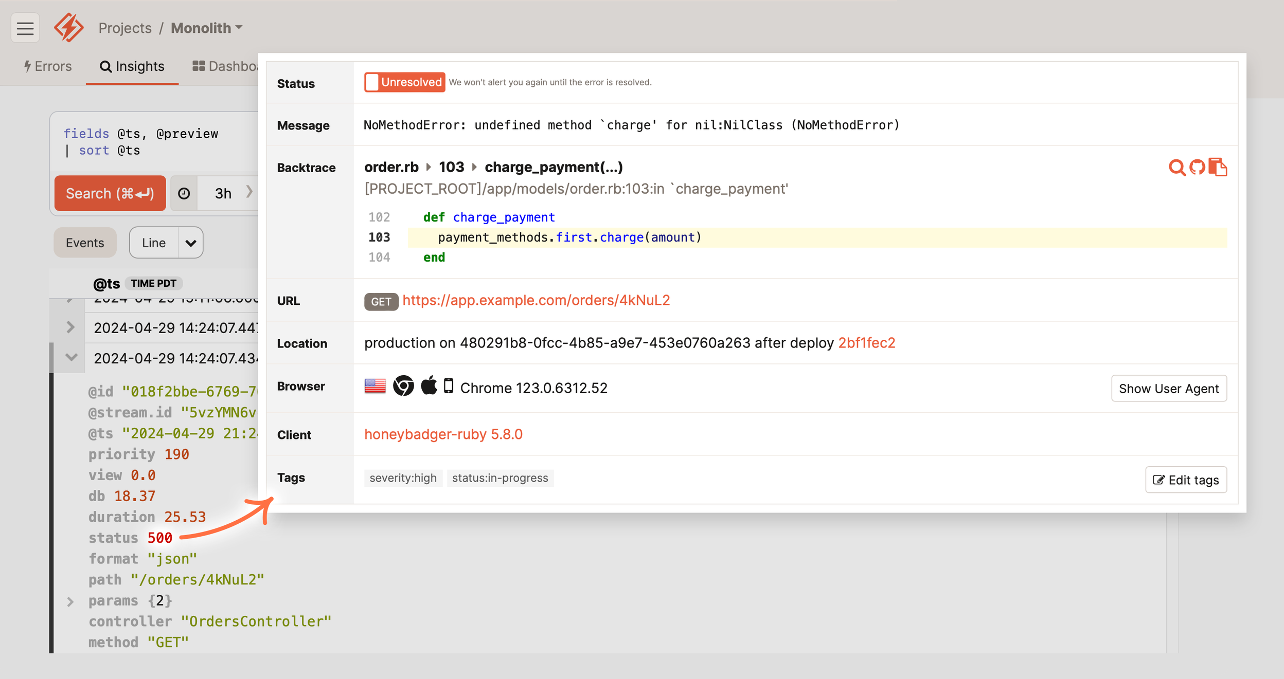 Screenshot of an error monitoring dashboard with an unresolved NoMethodError in 'charge_payment' method from a Ruby on Rails application, showing a code snippet, error details, and metadata like URL and browser version. An arrow points from structured application logs to the error details in Honeybadger.