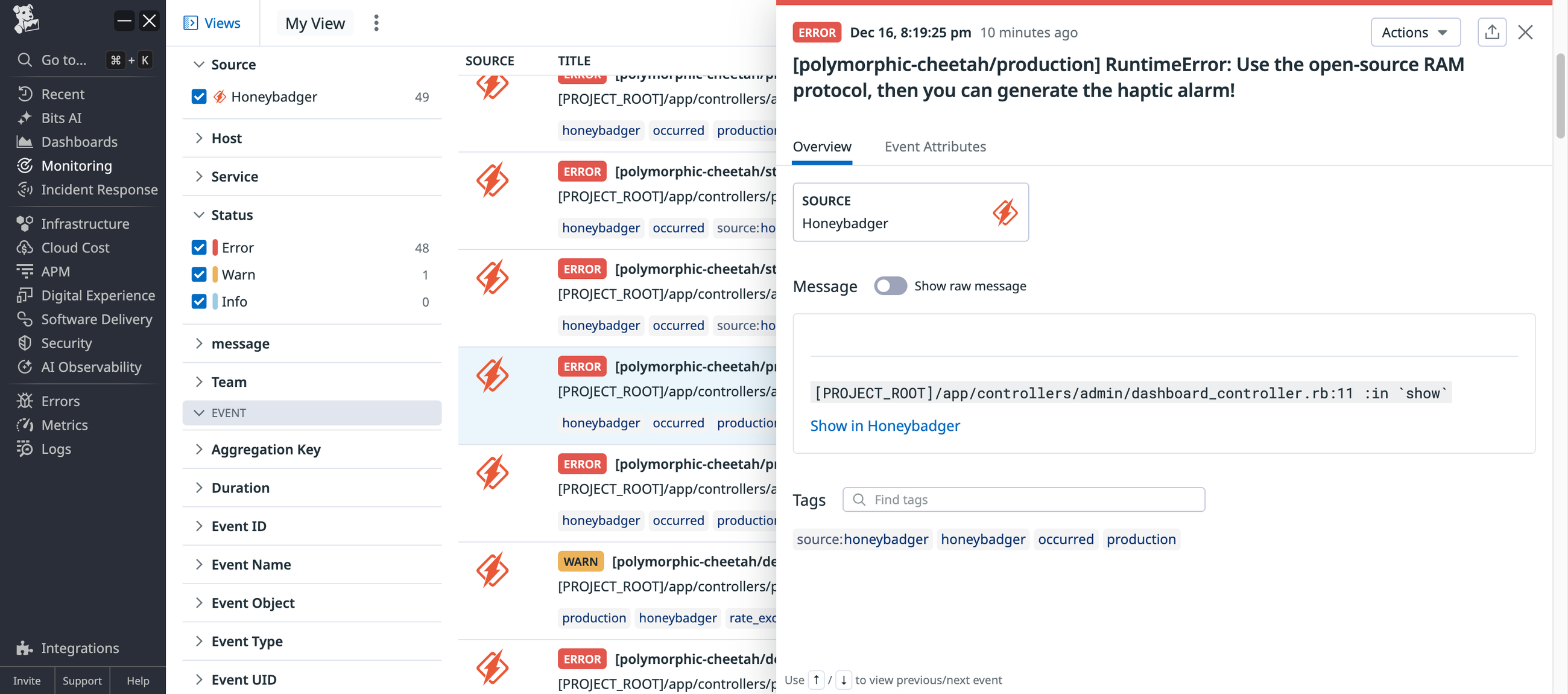 Datadog's observability platform interface displaying Honeybadger-sourced errors. Left sidebar shows filters with 49 Honeybadger events (48 errors, 1 warning). Center lists ERROR events from polymorphic-cheetah project. Right panel shows RuntimeError details from dashboard_controller.rb:11 with "Show in Honeybadger" link and production tags.