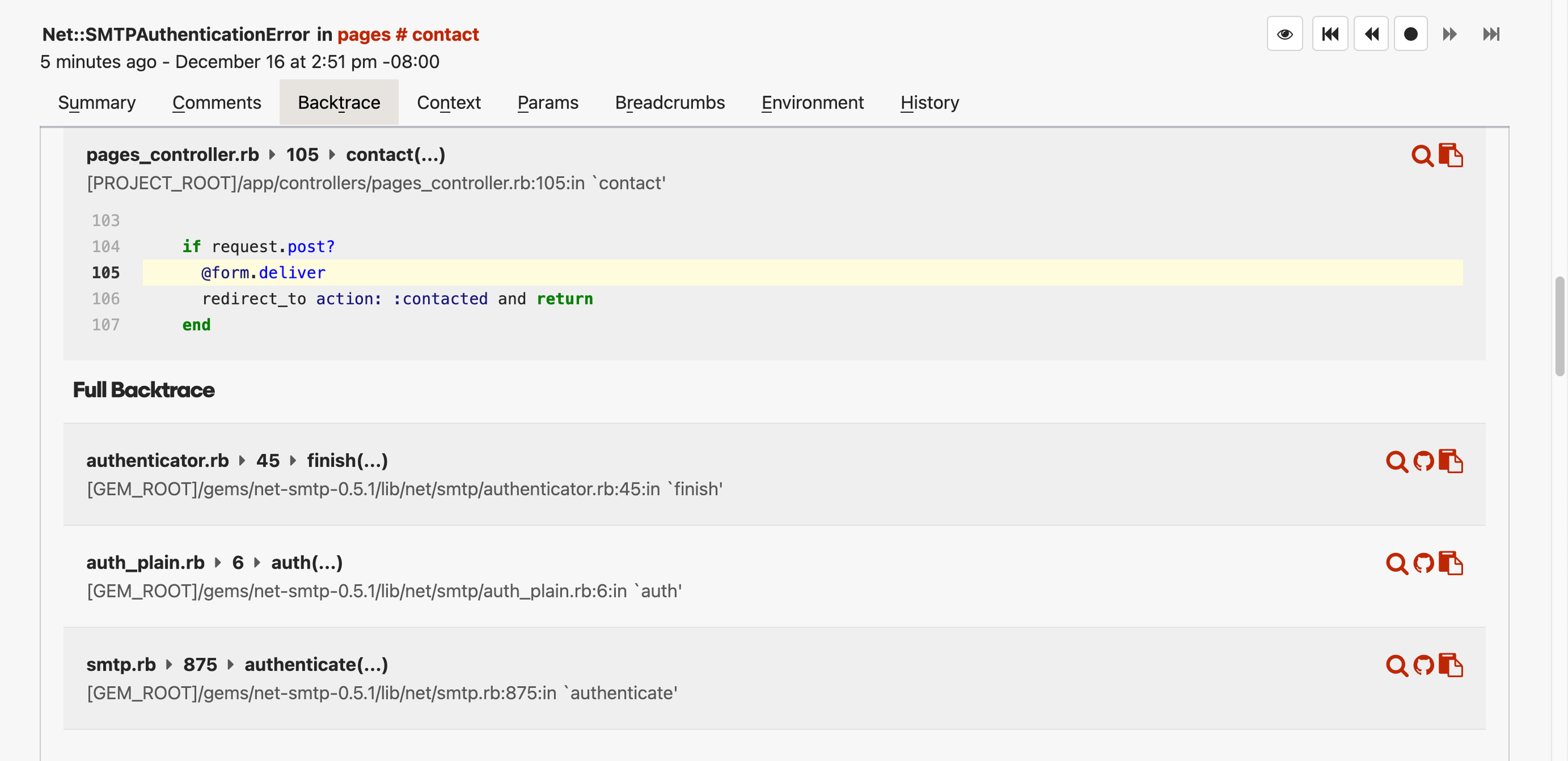 Error tracking interface showing Net::SMTPAuthenticationError in pages#contact method. Backtrace tab displays code from pages_controller.rb line 105 highlighting @form.deliver call, with full stack trace through net-smtp gem's authenticator, auth_plain, and smtp files.