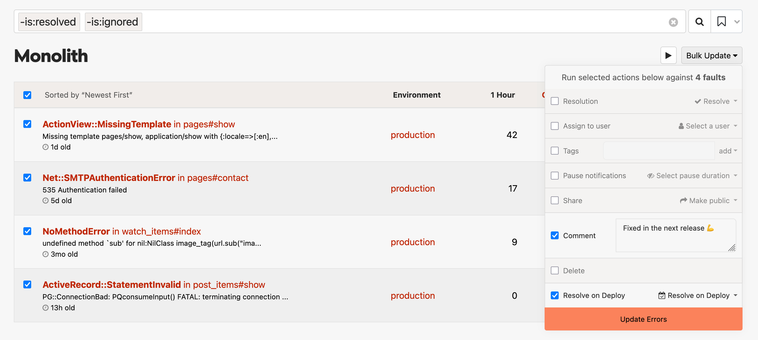 Honeybadger error tracking dashboard for "Monolith" project showing 4 selected faults in production: ActionView::MissingTemplate, Net::SMTPAuthenticationError, NoMethodError, and ActiveRecord::StatementInvalid. Bulk Update dropdown panel open with options for resolution, assignment, tags, notifications, and resolve on deploy.