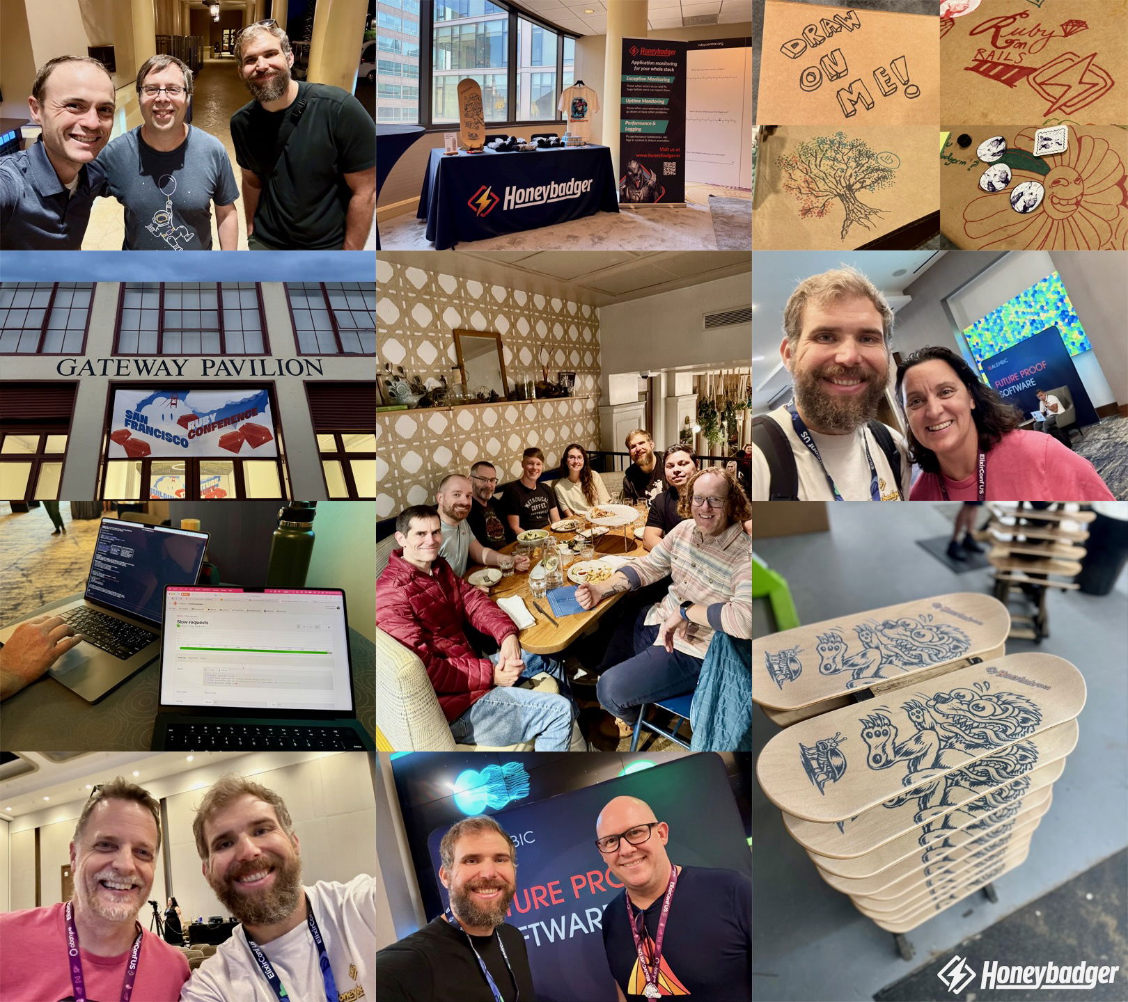 Honeybadger team collage from 2025 conferences featuring team selfies, booth setup with "Application Monitoring for your whole stack" banner, San Francisco Ruby Conference at Gateway Pavilion, group dinner, wooden skate decks with badger artwork, and "Future Proof Software" presentation backdrop.