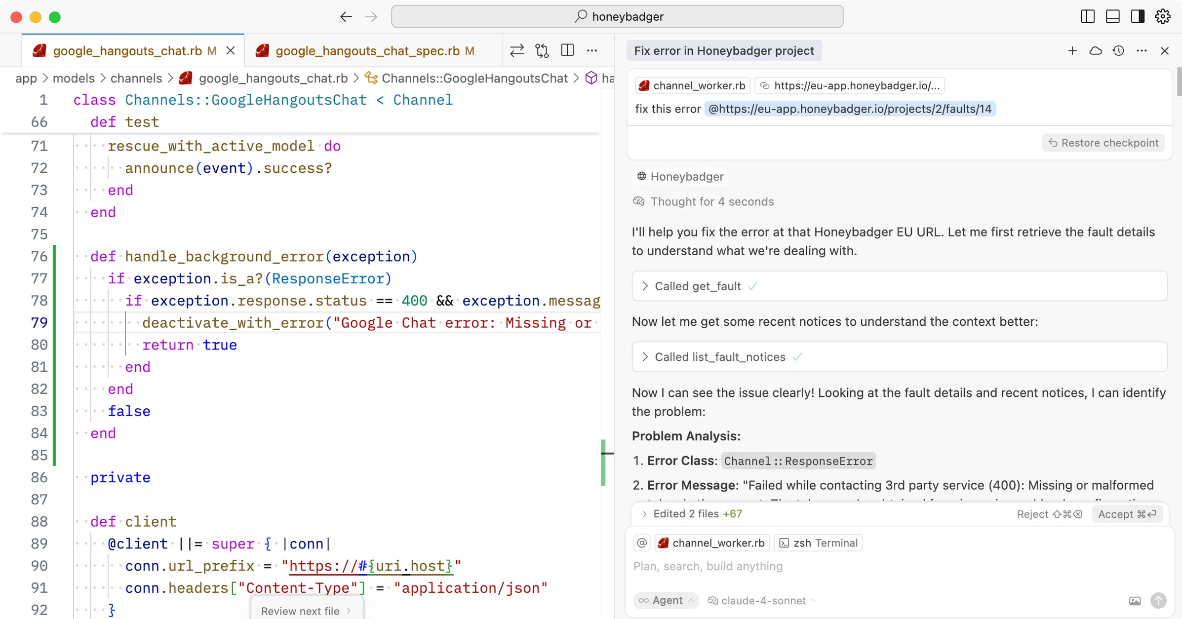 An example of an AI assistant connecting to Honeybadger