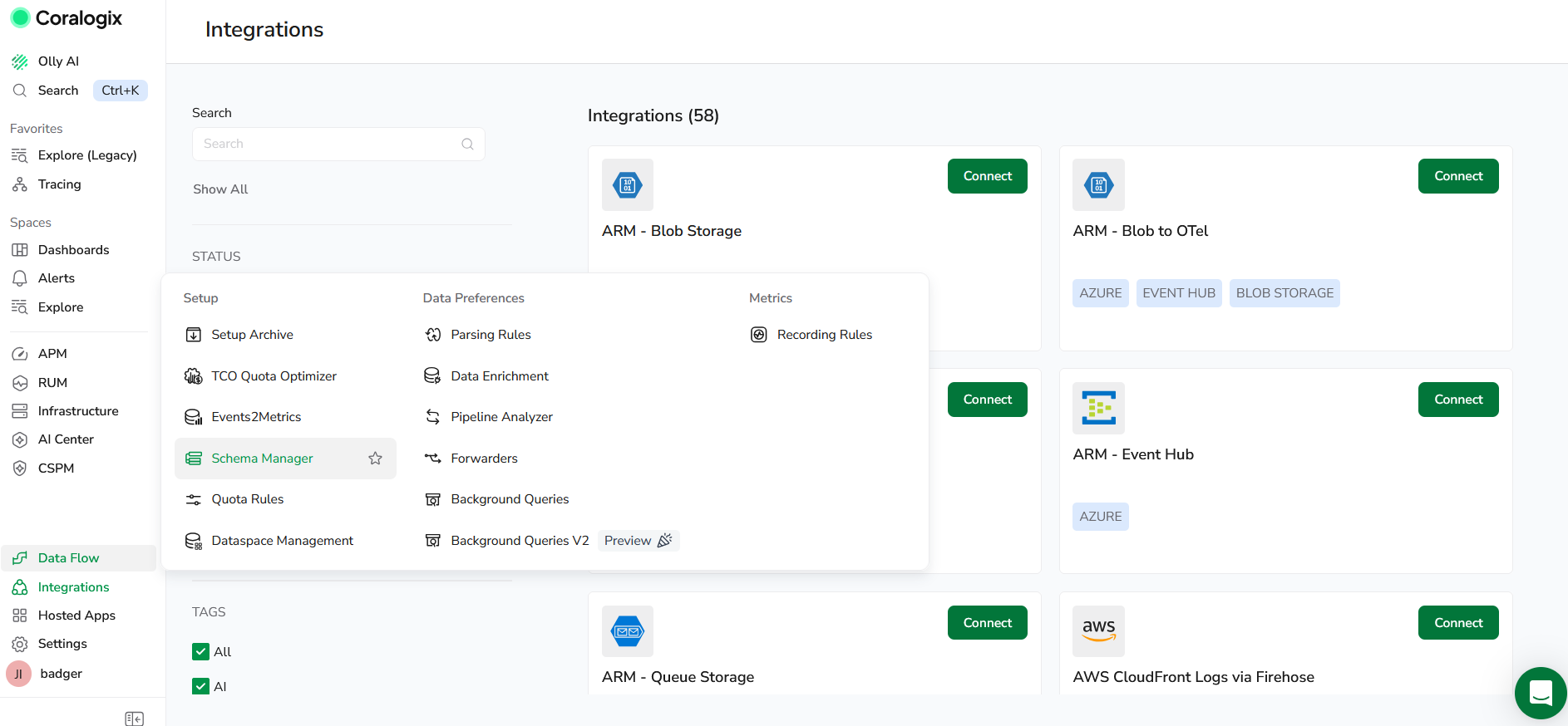 Coralogix UI screenshot showing selection of integration options with active popup from left-hand menu showing schema manager selected from the data flow section.