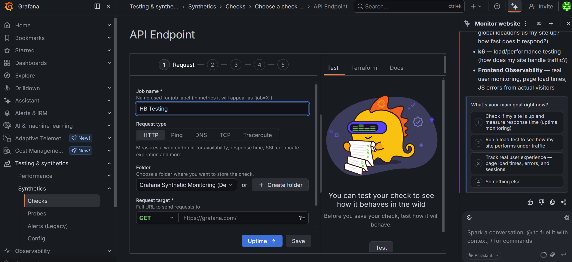Grafana screenshot, showing API endpoint setup screen, using synthetic monitoring. There's a menu on the left including alerts, adaptive telemetry and cost monitoring and a form in the middle.