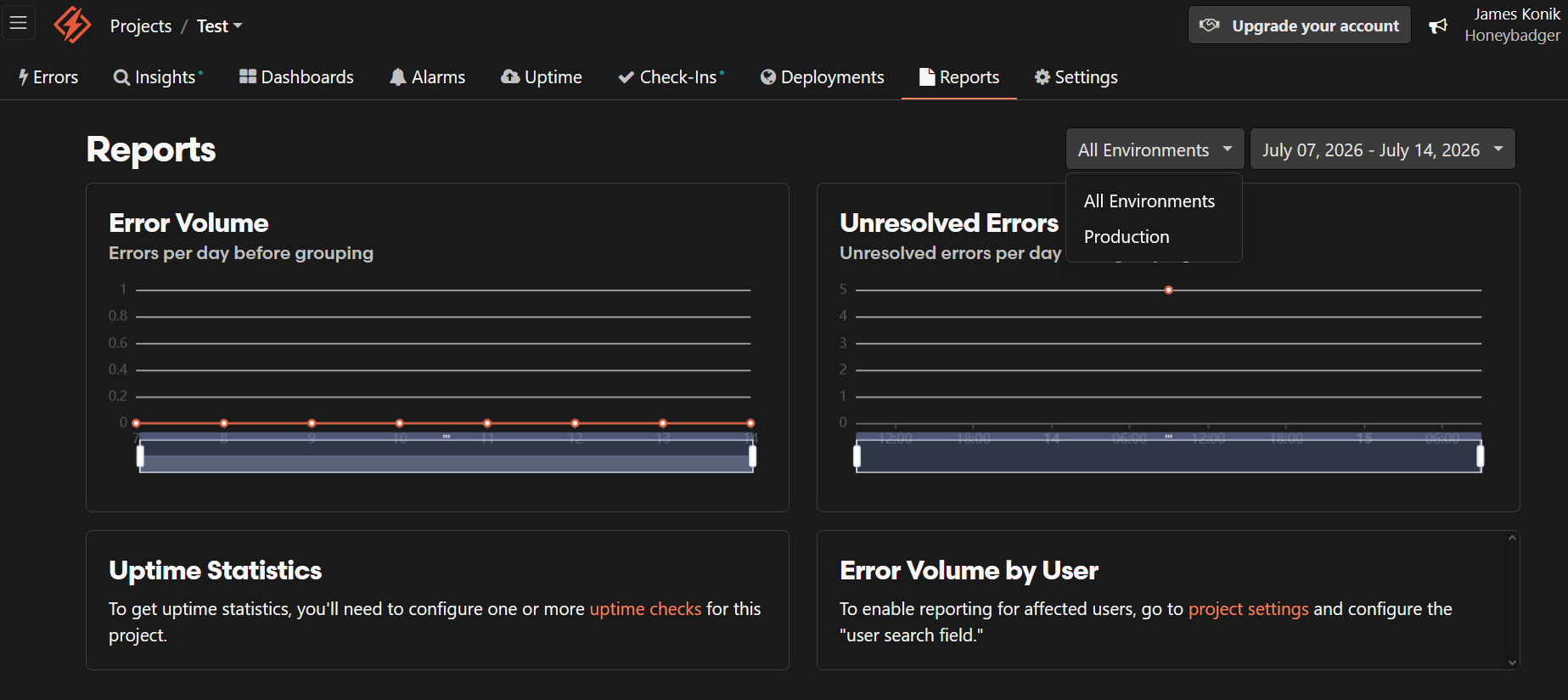 Honeybadger screenshot showing error and uptime reports. The reports feature charts and controls that let you switch from showing all environments to data from production environments only. Error volume by user is also shown.
