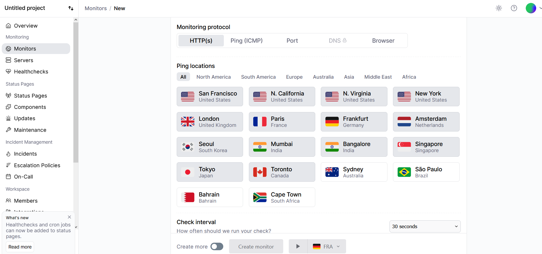 Hyperping screenshot from its UI, showing menu on left and monitor setup screen. Ping locations with various selectable flags are shown, highlighting its coverage of cloud services and cloud providers around the world, along with options for adjusting the check interval and selecting from protocols such as HTTP and ICMP with port and DNS settings.