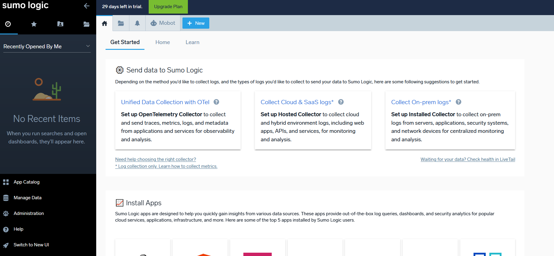 Sumo Logic screenshot showing data collection options, including unified data collection, cloud and SaaS logs, and on-premise logs.