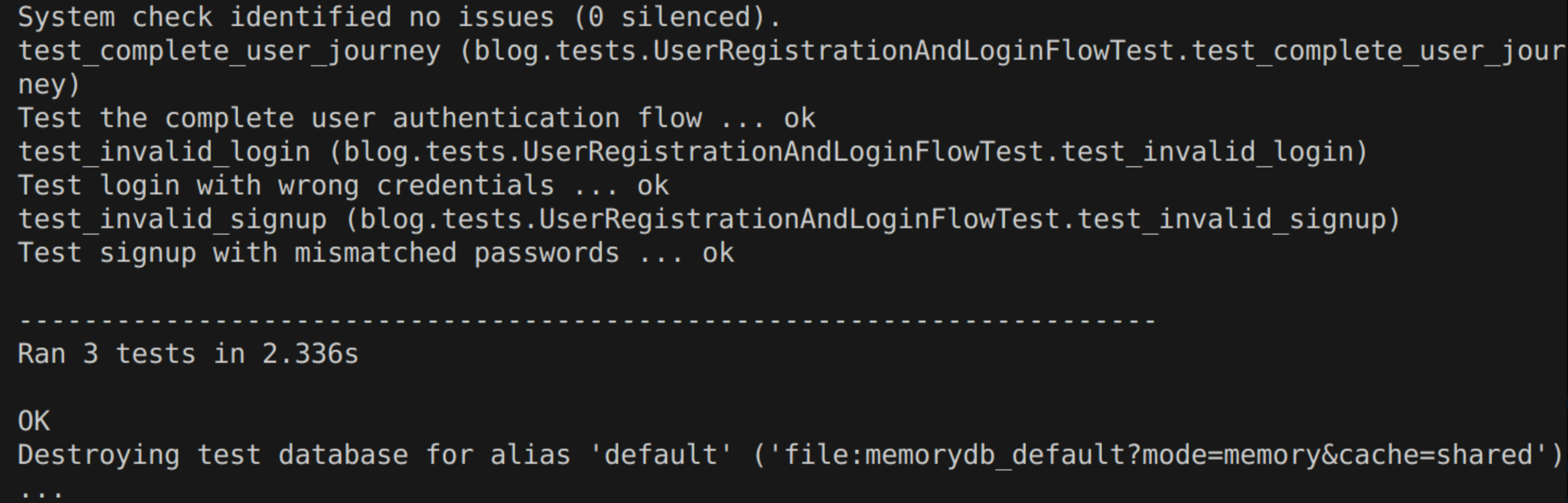 Django integration tests for registration and login flow