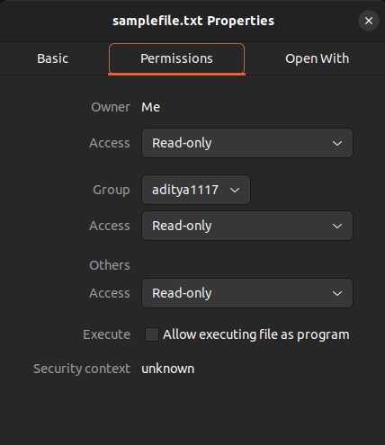 Image showing permissions for samplefile.txt