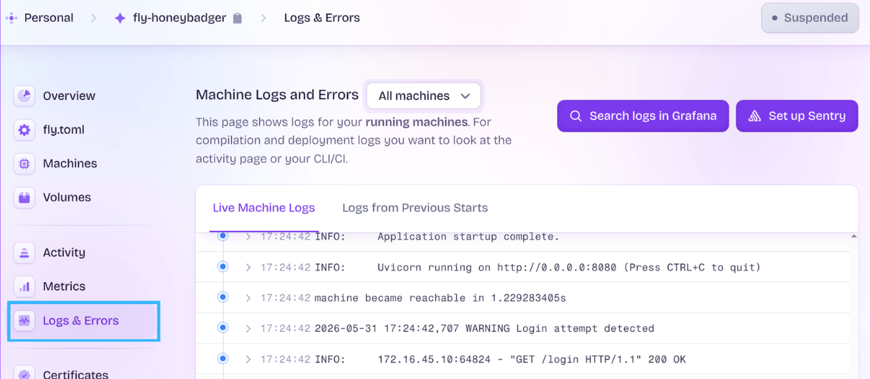A screenshot of logs on the Fly.io dashboard