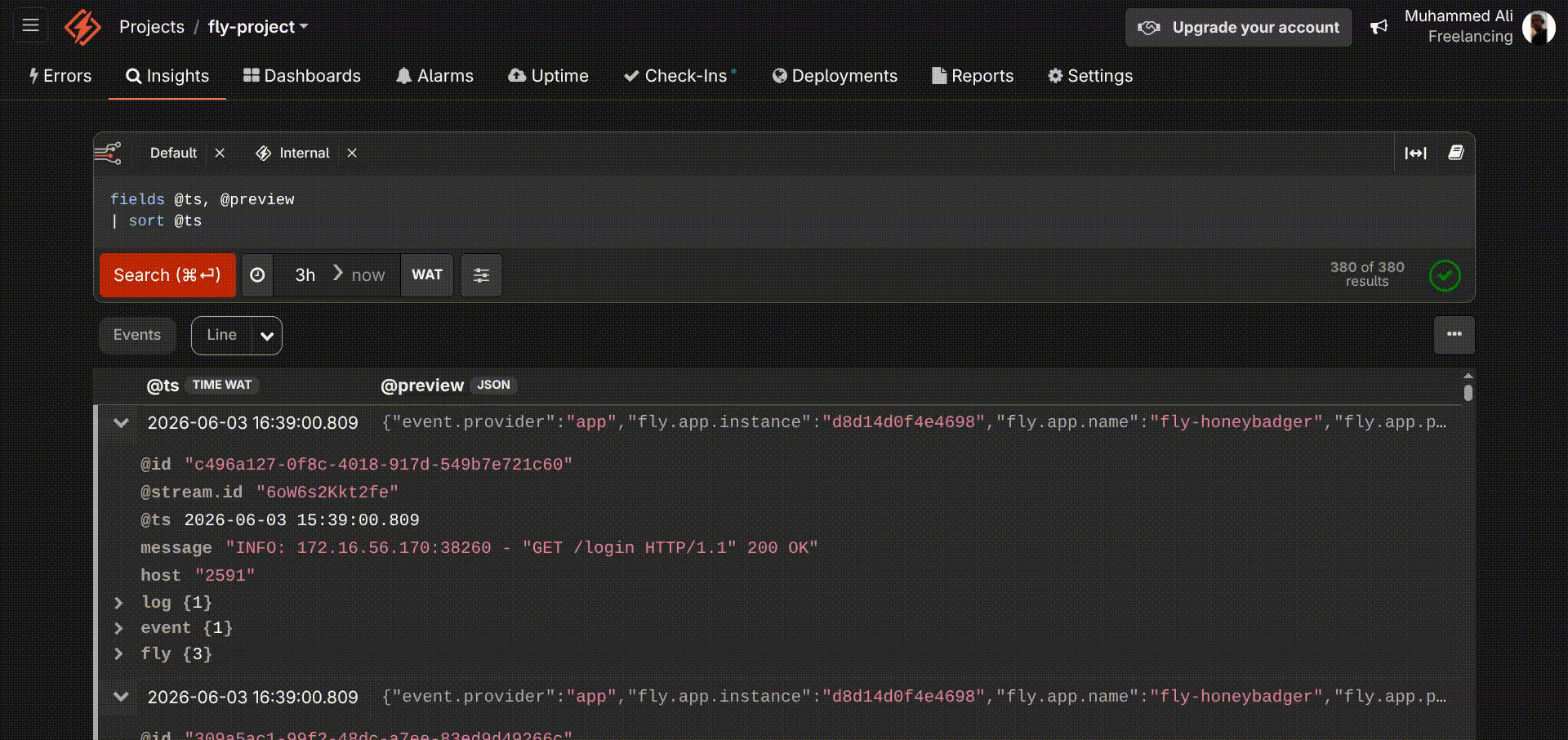 A gif of Fly.io logging on Honeybadger Insights
