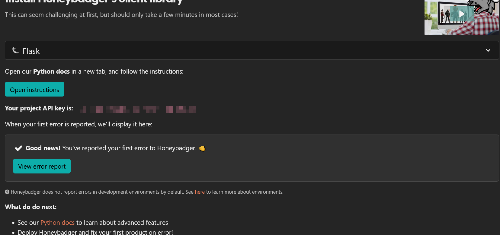 Honeybadger dashboard showing error detection.