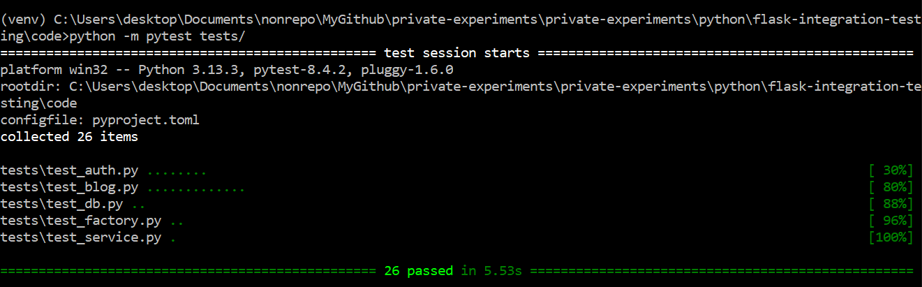 Pytest command line output for Python integration testing.