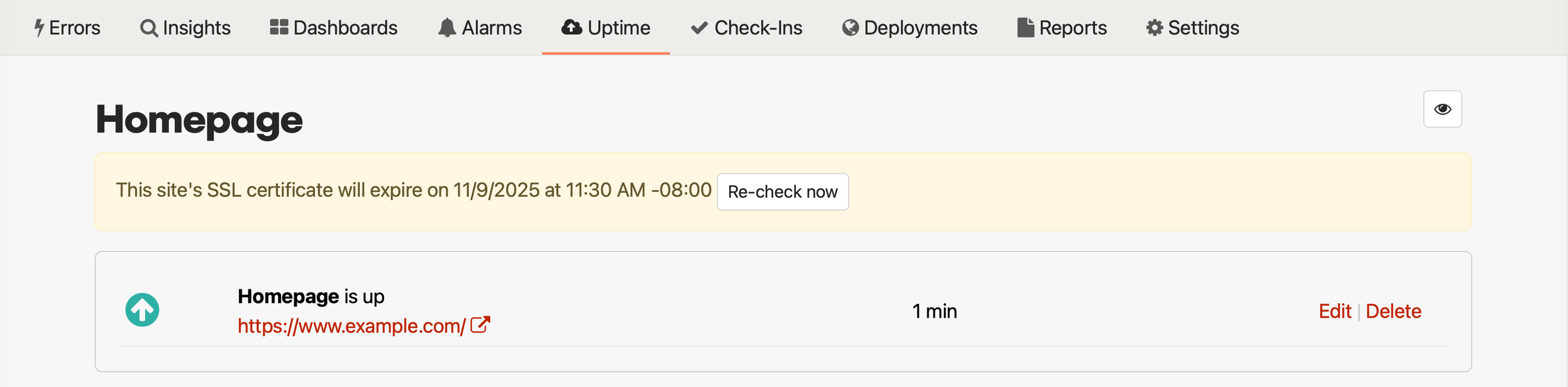 Screenshot of SSL certificate expiration monitoring