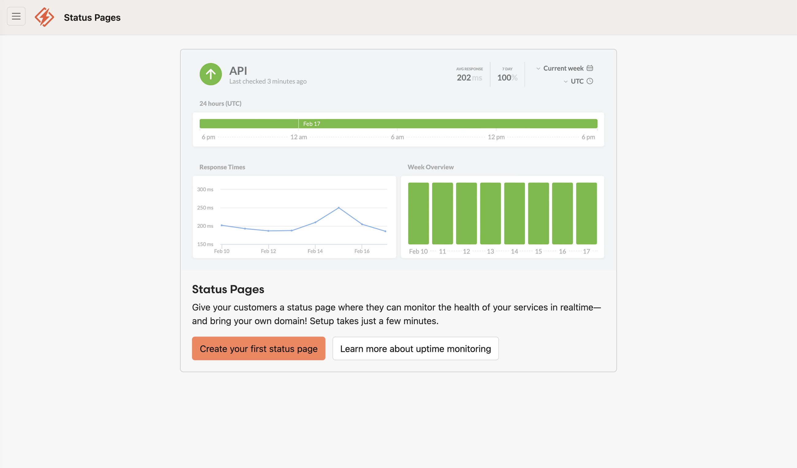 Honeybadger page with a button to build your own status page.