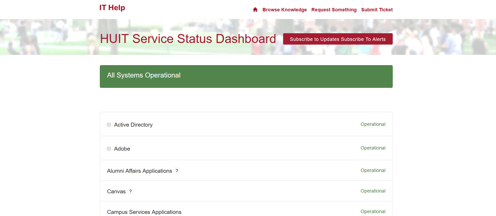 Harvard status page with background header image of yard. The status of various services is shown, along with various links.