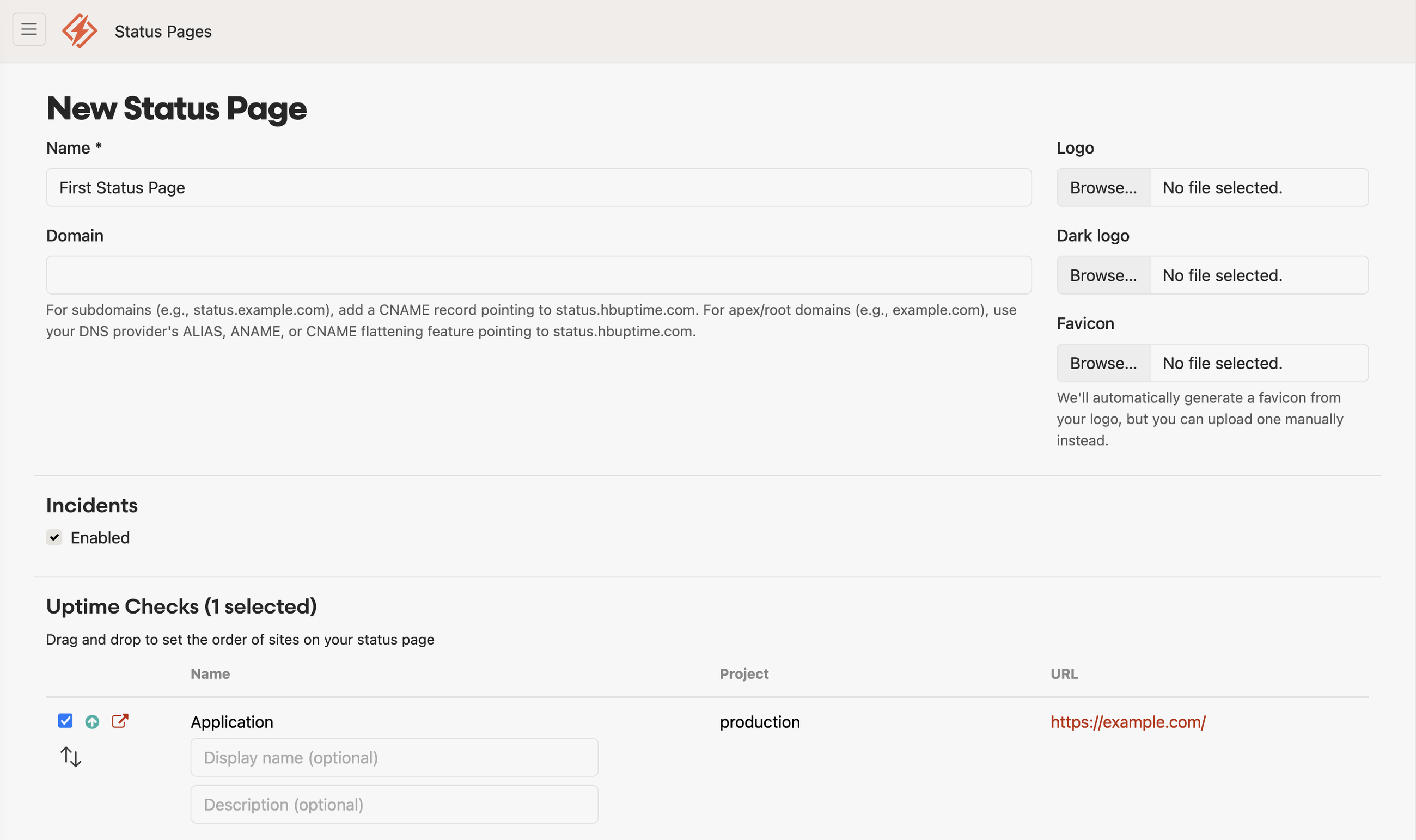 Honeybadger’s create status screen page.