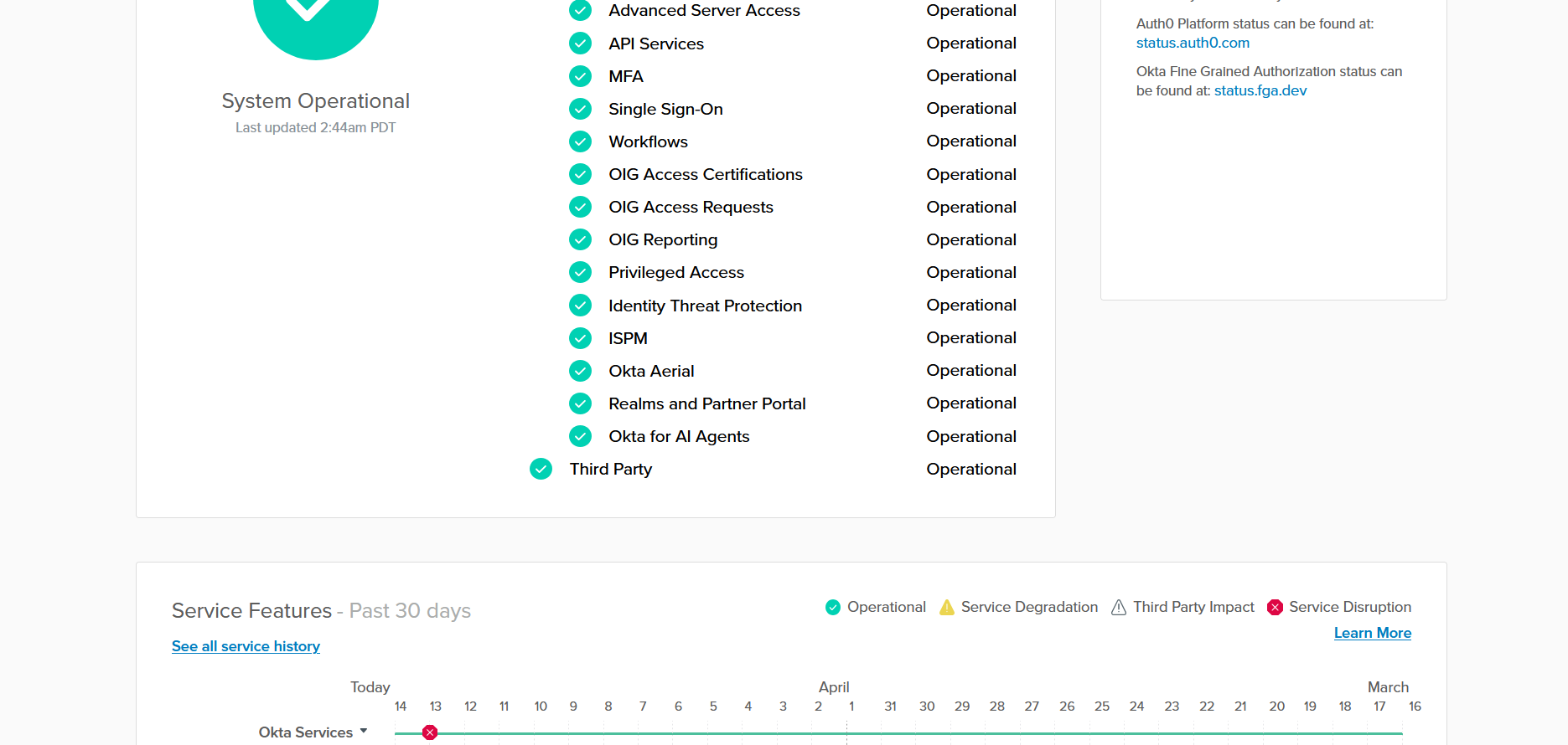 Okta’s status page, showing clipped tick at top, smaller ticks, and an outage calendar at the bottom.