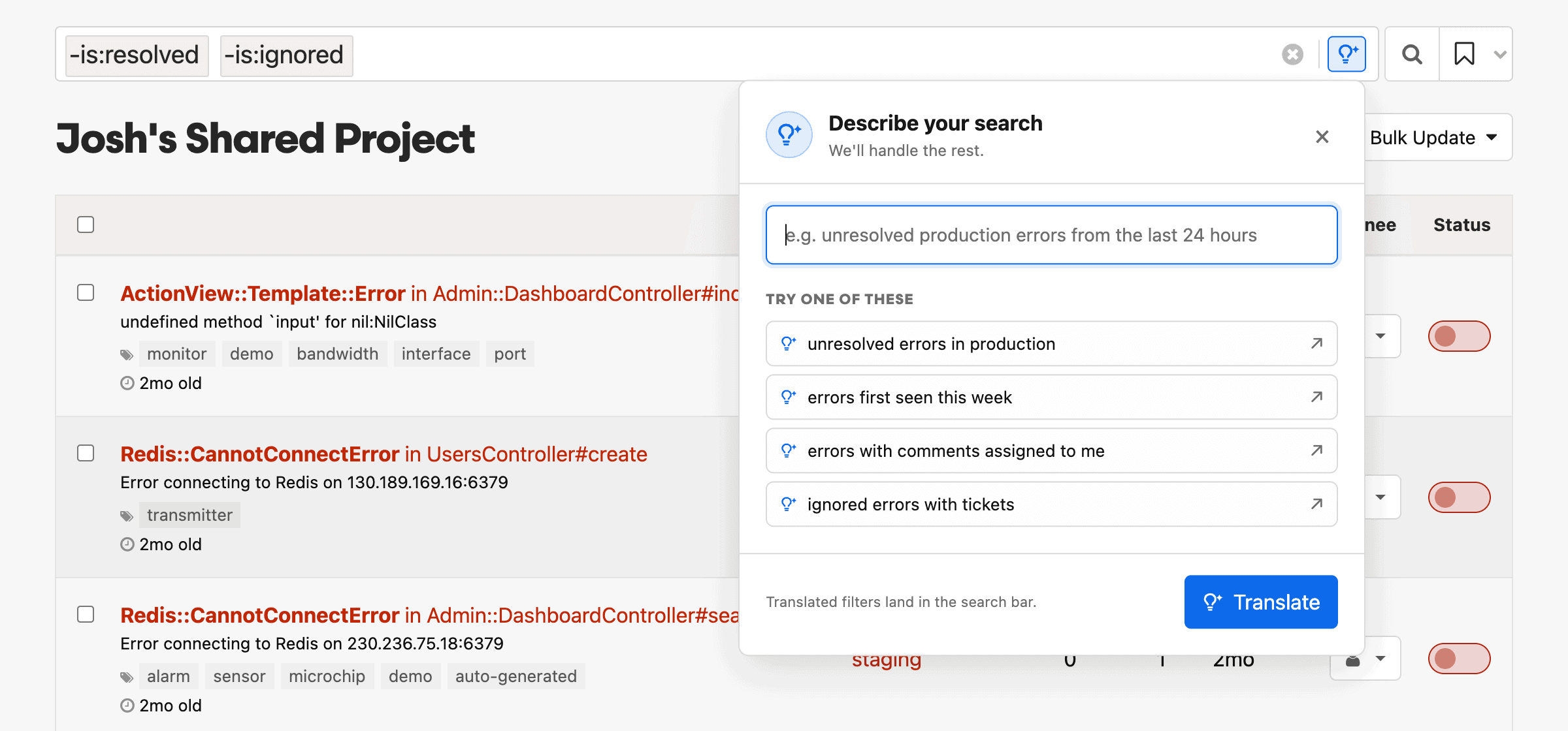 A screenshot of Honeybadger's error search page with the 'Describe your search' popover open, translating a plain-English description into a search query.